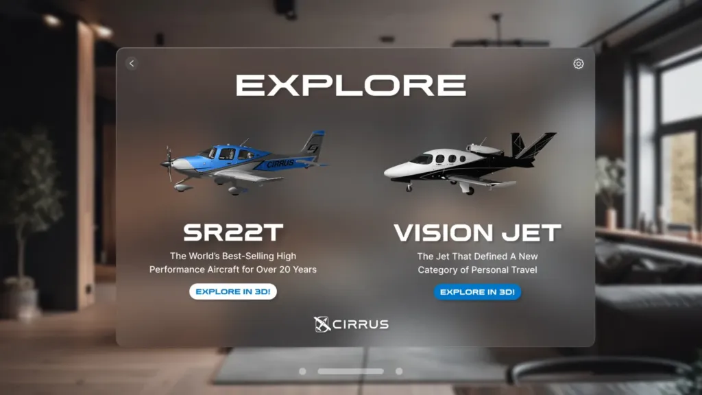A three-dimensional Cirrus aircraft model appears in a flight simulation environment on Apple Vision Pro.