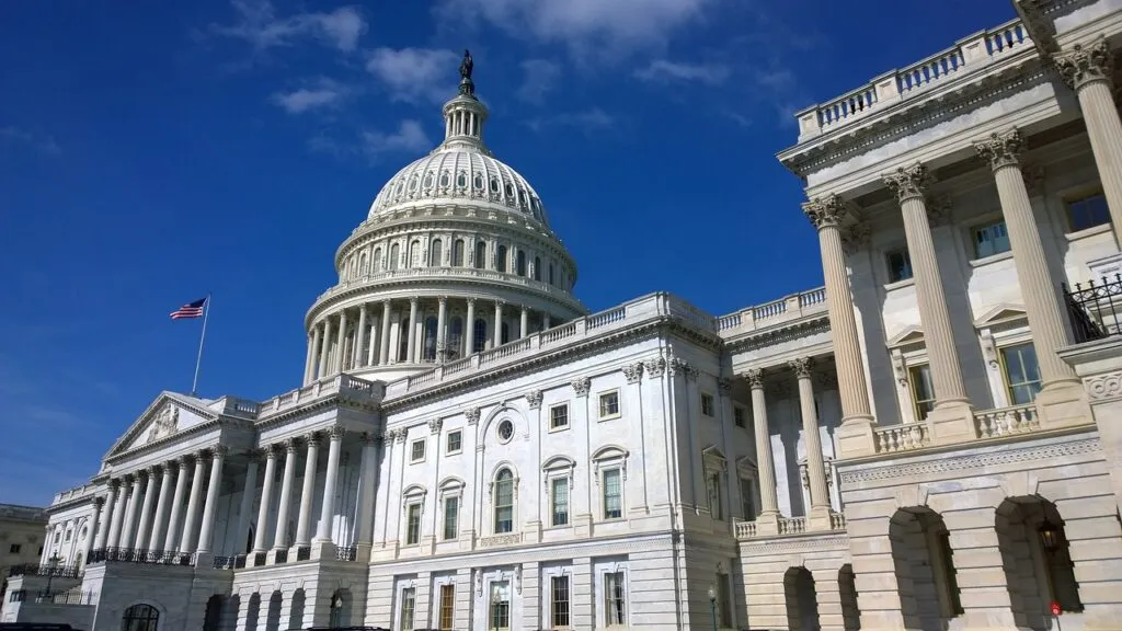 A photograph of the United States Capitol building during a congressional vote on surveillance powers.