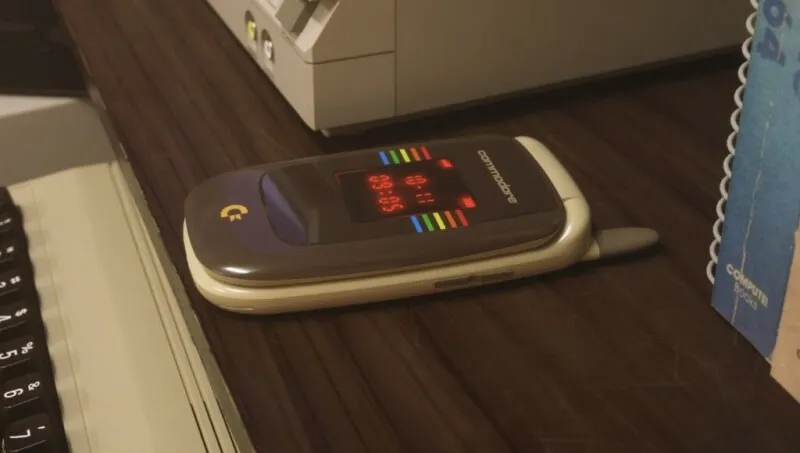 The Commodore Callback flip phone features a physical keypad and a compact clamshell design.