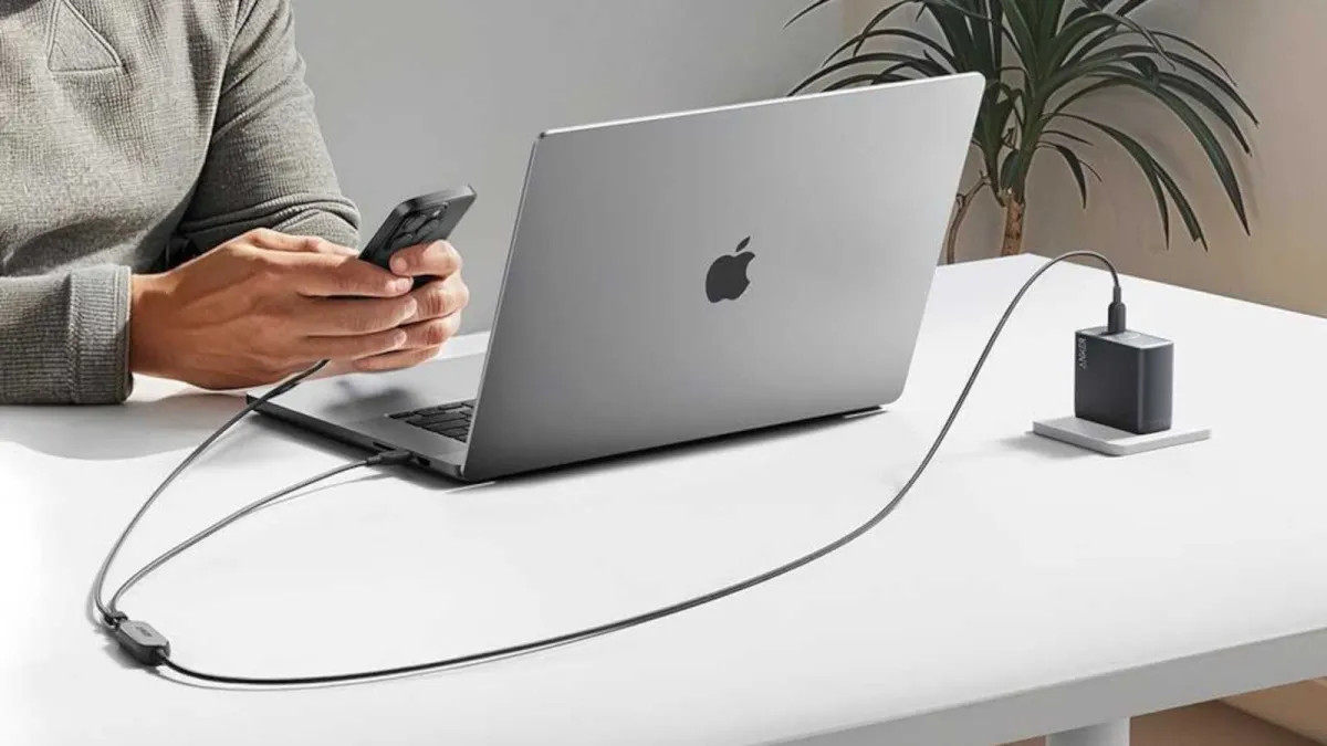 Anker dual-connector USB-C splitter cable designed for simultaneous device charging.