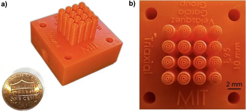 3D printed triaxial electrospray nozzle array used for targeted drug delivery and microdroplet generation.