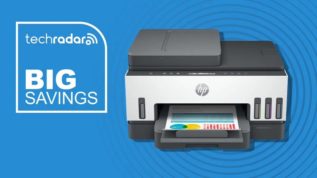 HP Smart Tank 7301 printer with AI controls and refillable ink tank system.