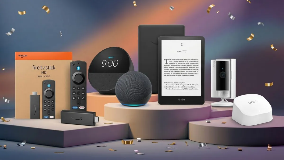 Assorted consumer electronics are arranged on a display table.