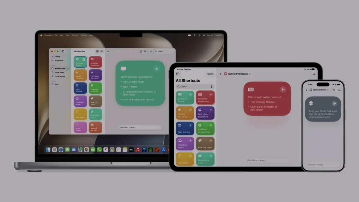 Apple Intelligence interface showing automated workflow generation in Shortcuts and camera notifications in the Home app.