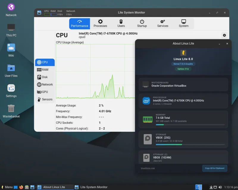 The Linux Lite 8.0 desktop interface displays the updated XFCE theme and default application menu.