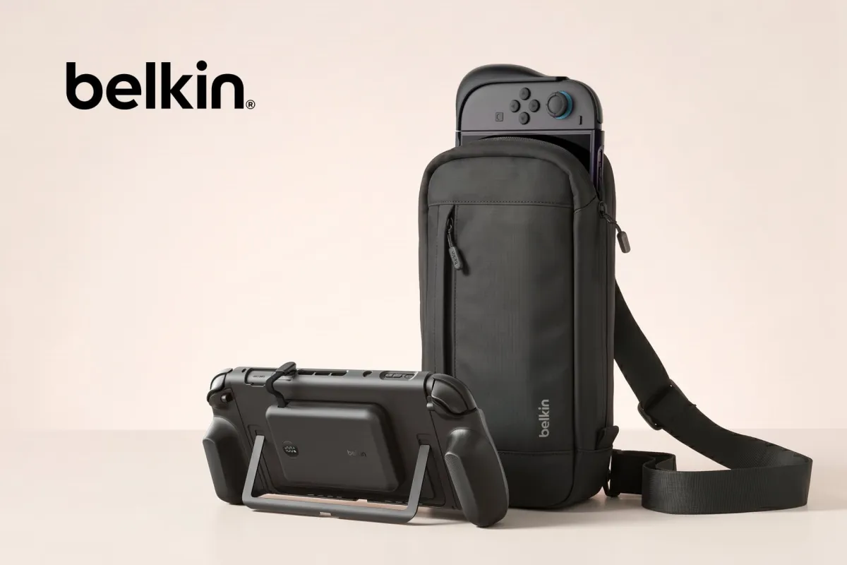 A Belkin charging grip is attached to a Nintendo Switch 2 console.