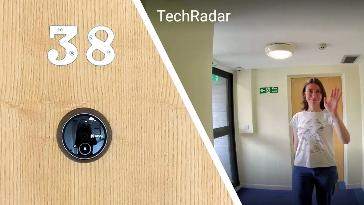 The EZVIZ EP4 wireless peephole camera is installed in a door with its interior display screen visible.