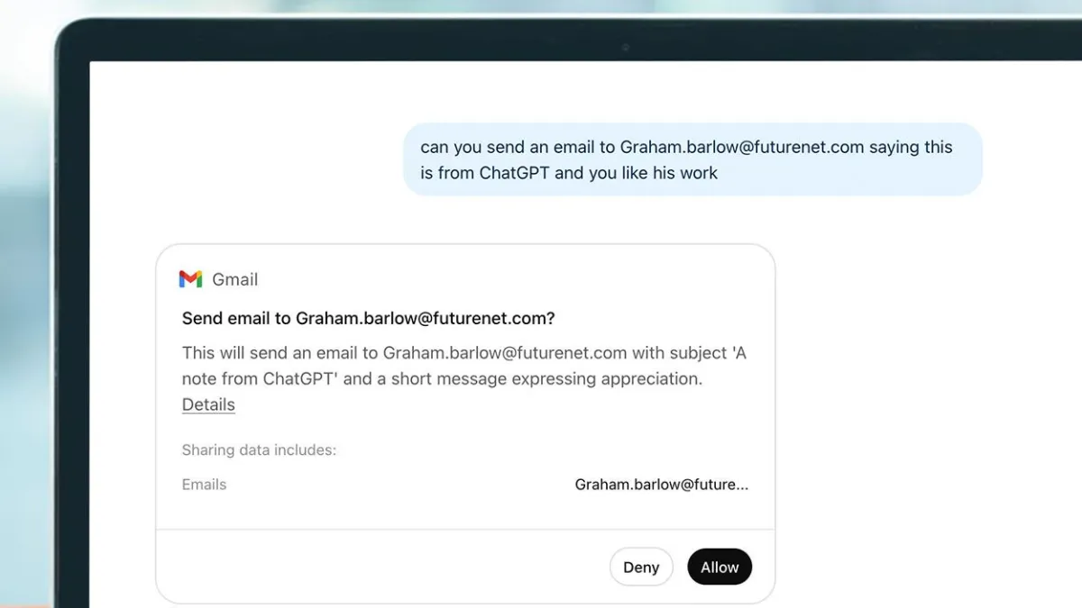 ChatGPT interface displaying the new email drafting and sending feature for connected Gmail and Outlook accounts.