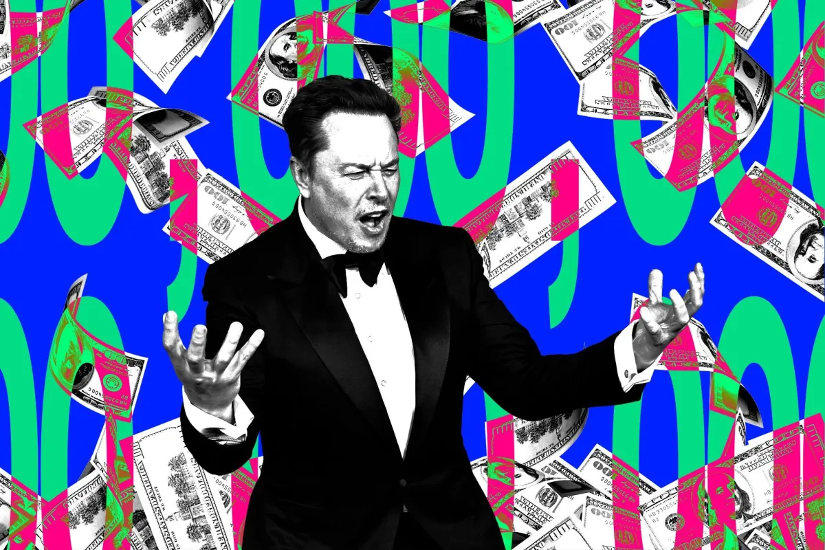 Elon Musk standing near a SpaceX facility marking his trillion dollar net worth milestone