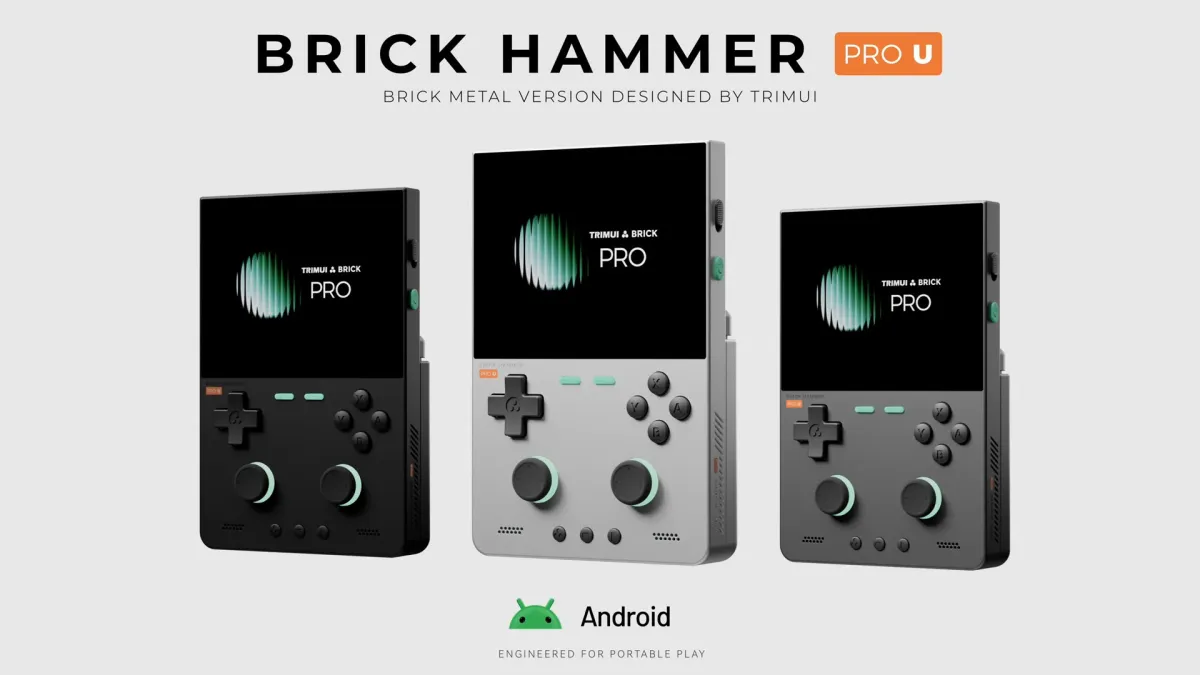 TRIMUI Brick Hammer Pro U and Brick Pro handheld consoles showcase Linux and Android operating system options.