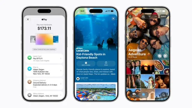 The graphic shows Apple service updates for Maps, Wallet, Podcasts, and Fitness enhancements.