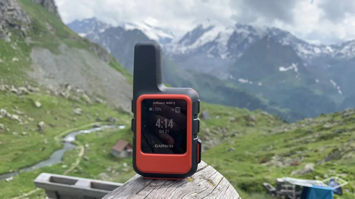A Garmin inReach satellite messenger displays its emergency SOS interface for remote safety.