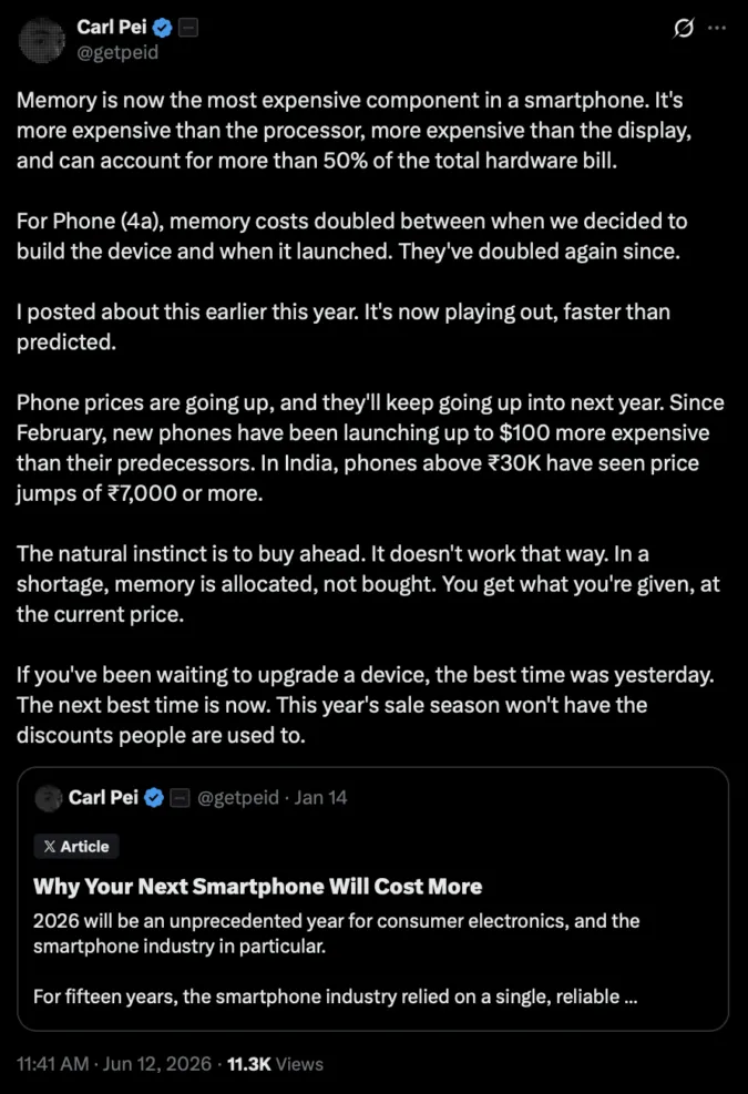 Artificial intelligence demand increases memory costs and raises smartphone prices.