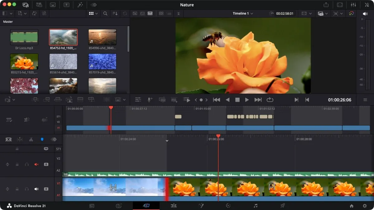The interface displays the DaVinci Resolve 21 photography workspace with node-based grading tools.