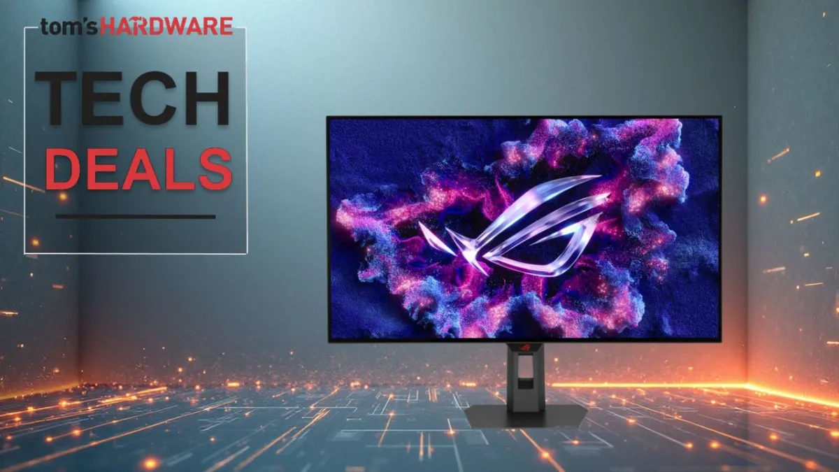 A 32-inch ASUS ROG Strix OLED gaming monitor displays a 4K resolution test pattern.
