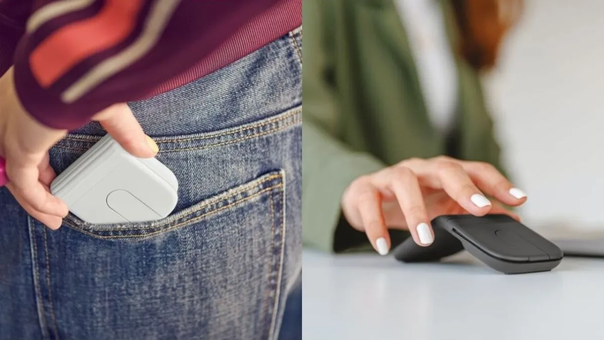 The Logitech Mobi Fold mouse is shown in its compact folded state for mobile professionals.