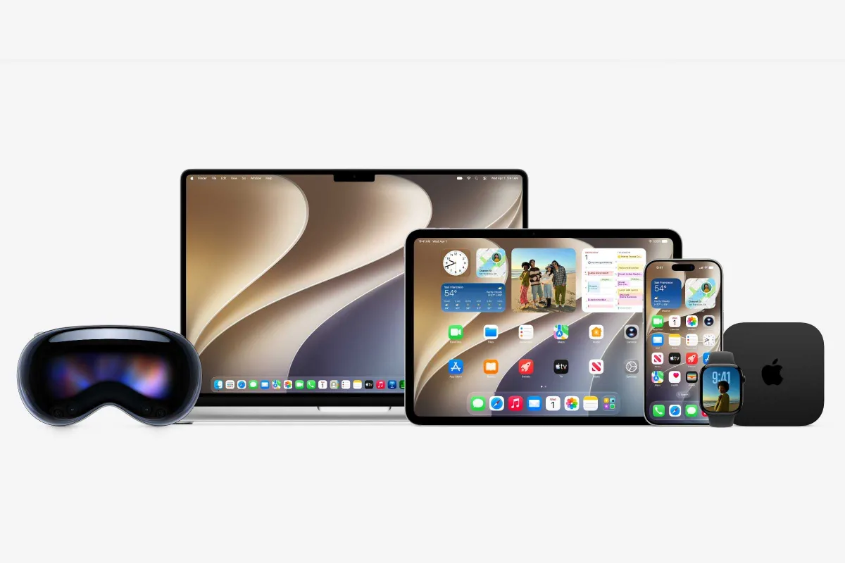 Diagram showing supported iPhone, iPad, and Mac models for Apple Intelligence compatibility.