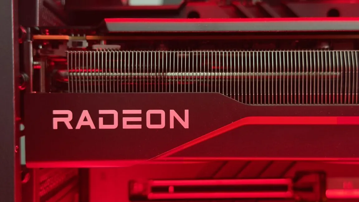 AMD Radeon RX 9070 GRE graphics card with its dual fan cooler and twelve gigabytes of video memory.