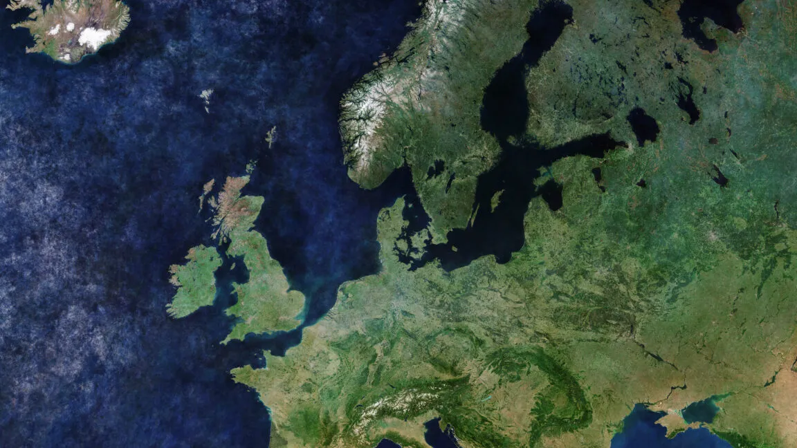 This diagram illustrates satellite orbits and GPS interference patterns over Europe.