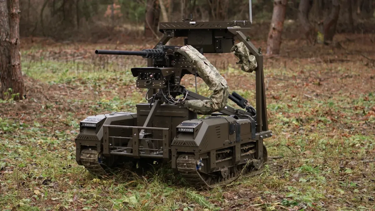 A Ukrainian Droid TW 12.7 unmanned ground vehicle defends a strategic intersection during summer 2025.