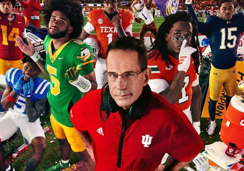 The promotional artwork displays the EA Sports College Football title for the upcoming PC version.