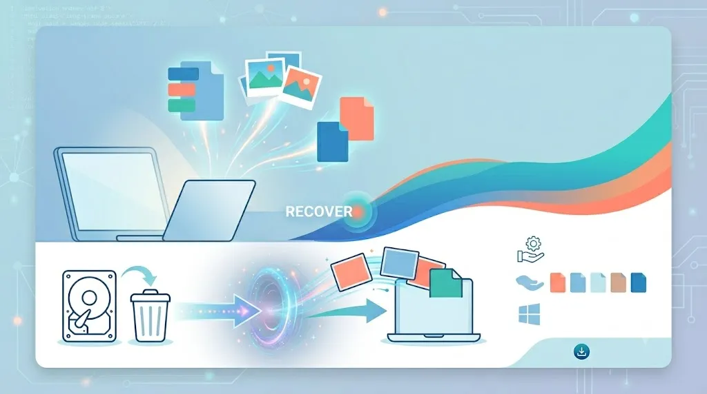 A Windows desktop displays a file recovery program scanning a drive for deleted documents.