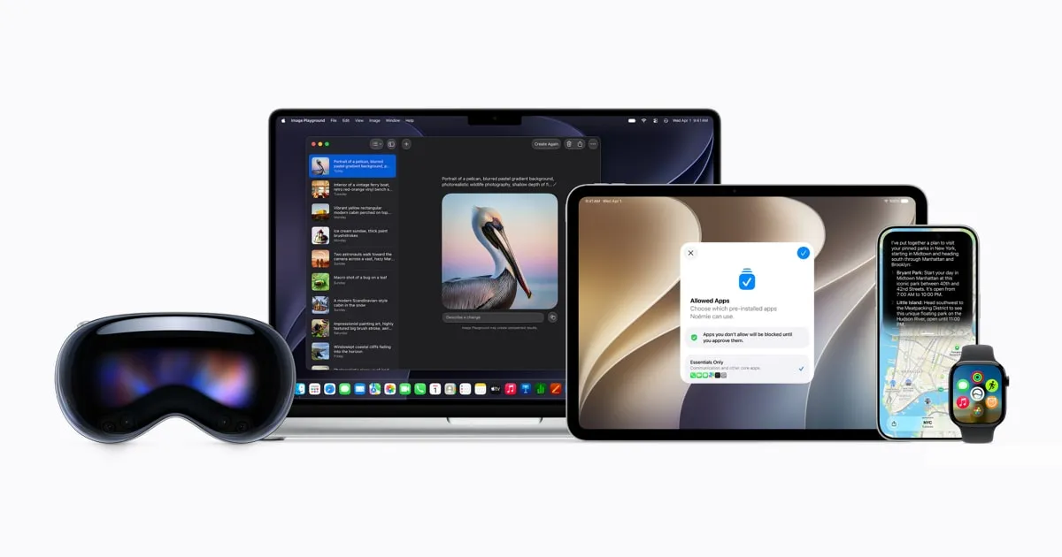 Apple keynote stage display featuring Apple Intelligence and Siri update announcements