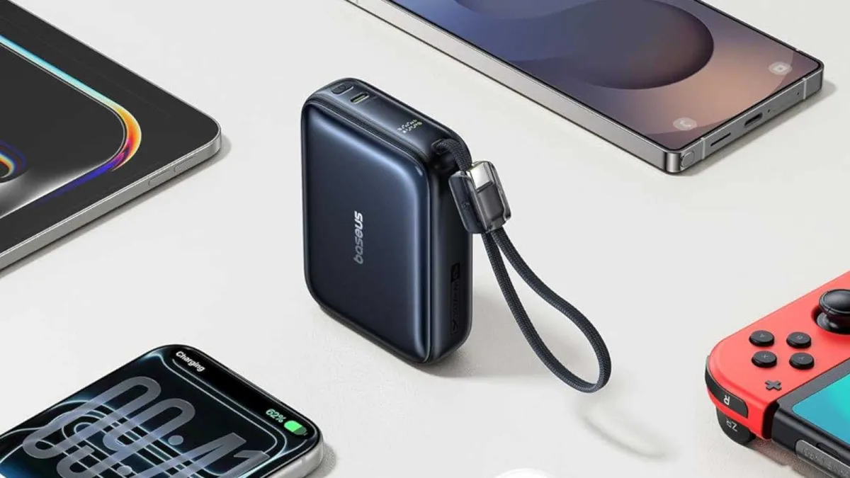 The Baseus Picogo AC22 power bank features a compact design and a built-in eight-inch USB-C cable.