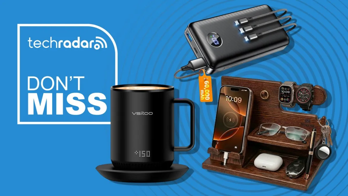 A display of tech gadgets including a power bank, mug warmer, and computer mouse