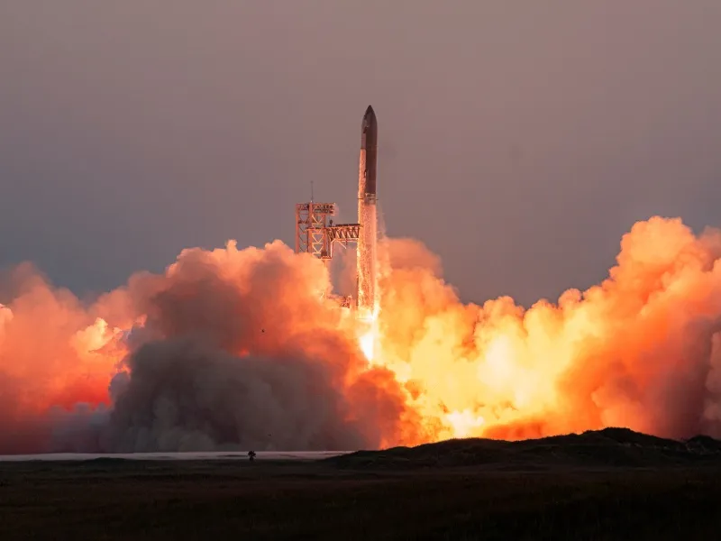 SpaceX Falcon 9 rocket launch site during the announcement of the company's $1.7 trillion valuation and $75 billion IPO.
