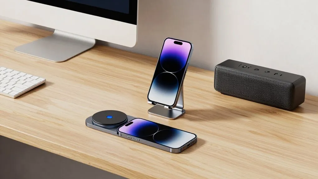 Organized desk workspace featuring a smartphone on a stand with neatly arranged charging cables and minimal accessories.