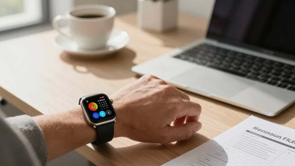 Smartwatch on a wrist displaying discreet notifications and stress tracking metrics in an office.