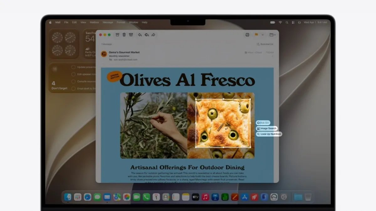 The Mac screen displays Visual Intelligence analyzing a selected food region to show nutrition details.