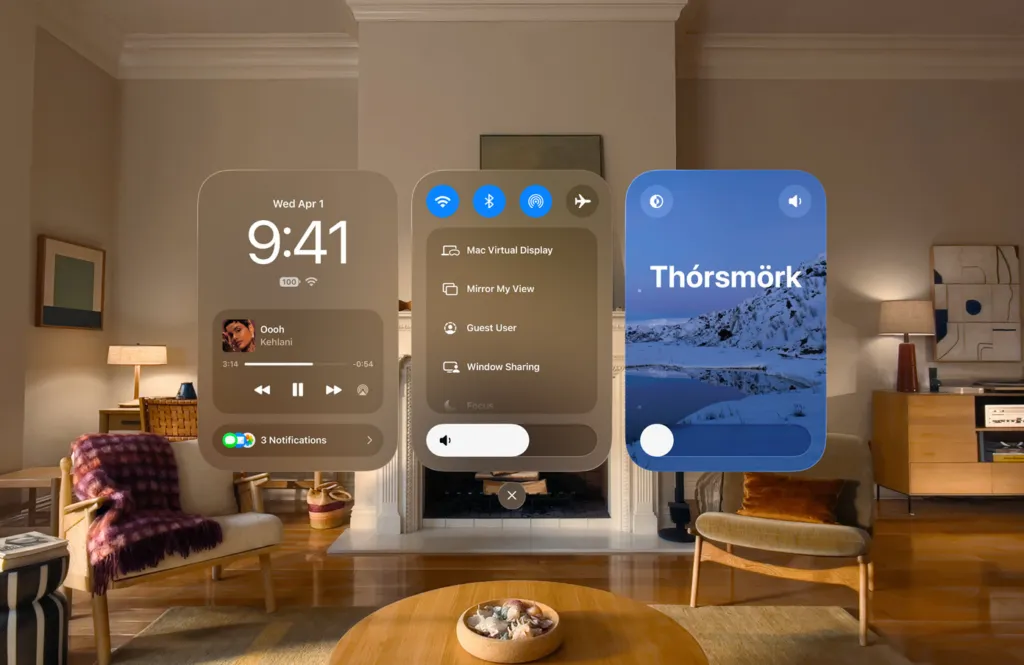 Apple Vision Pro displaying the updated visionOS 27 interface with spatial windows and refined system controls