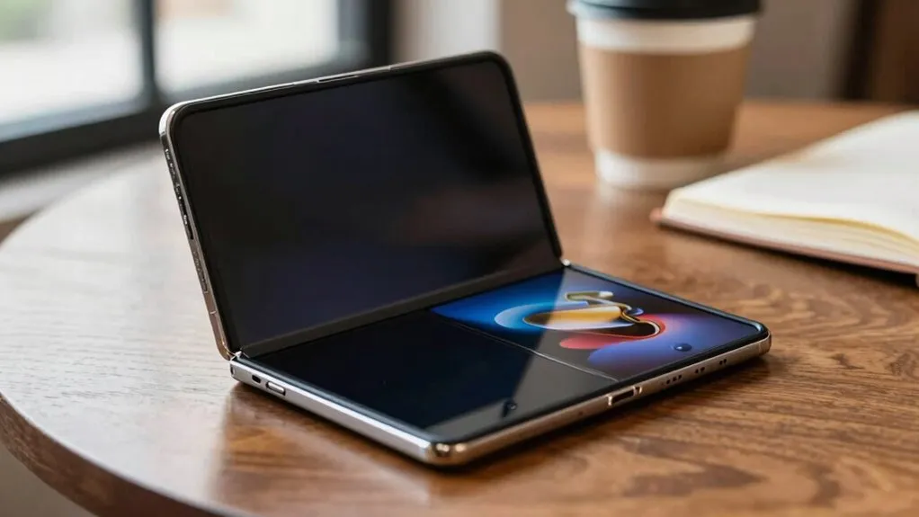 A foldable smartphone displays its flexible screen and hinge mechanism in both open and closed positions.