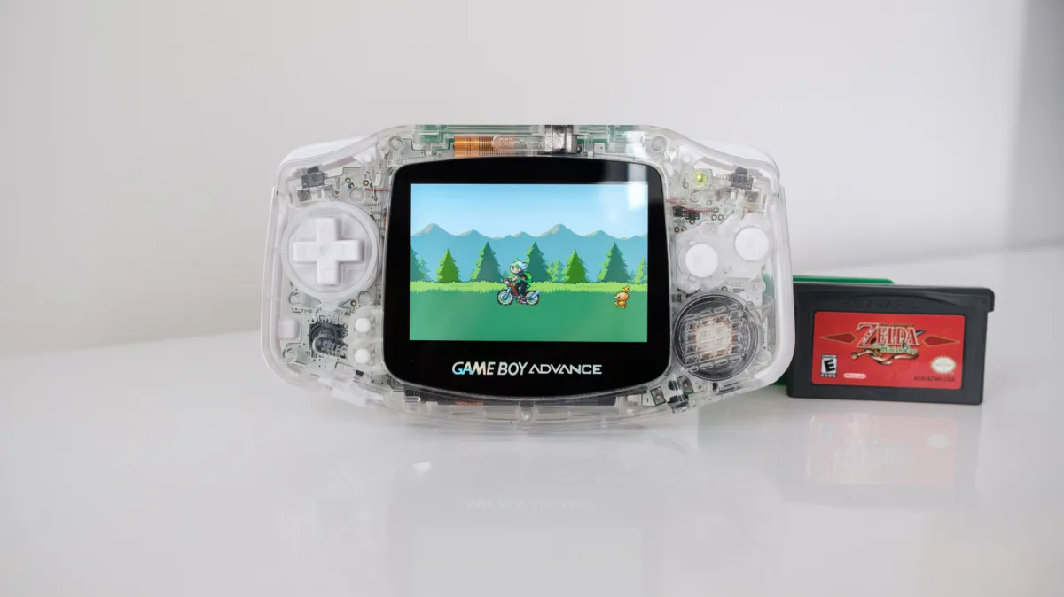 Game Boy Advance portable console highlighting engineering and design features.