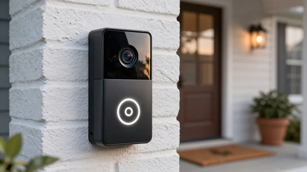A modern video doorbell is mounted on a residential front door.