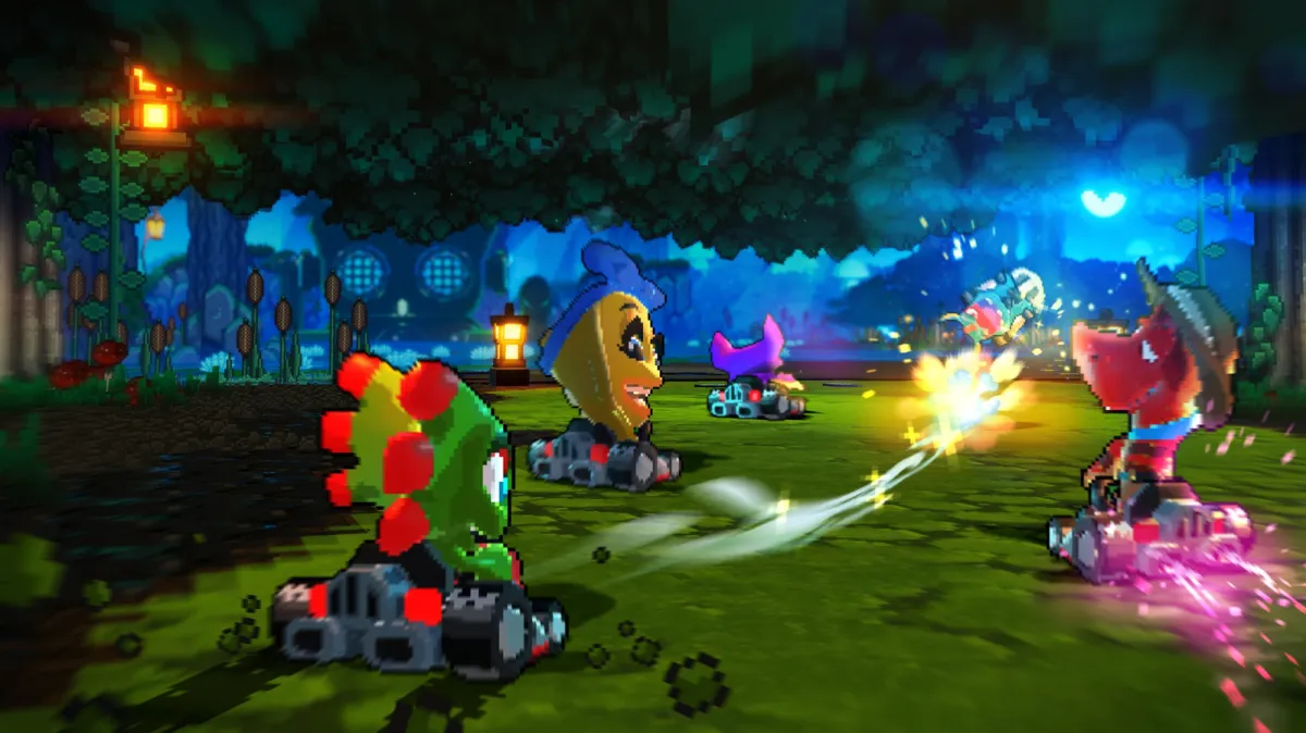 Two platformer characters race on a retro arcade track with a tactical rage meter and customization interface visible.
