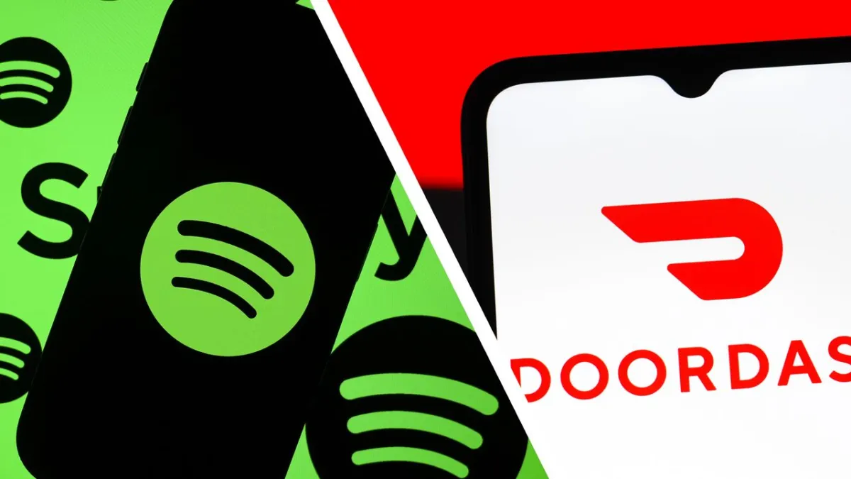 The graphic depicts simultaneous service disruptions across DoorDash and Spotify networks.