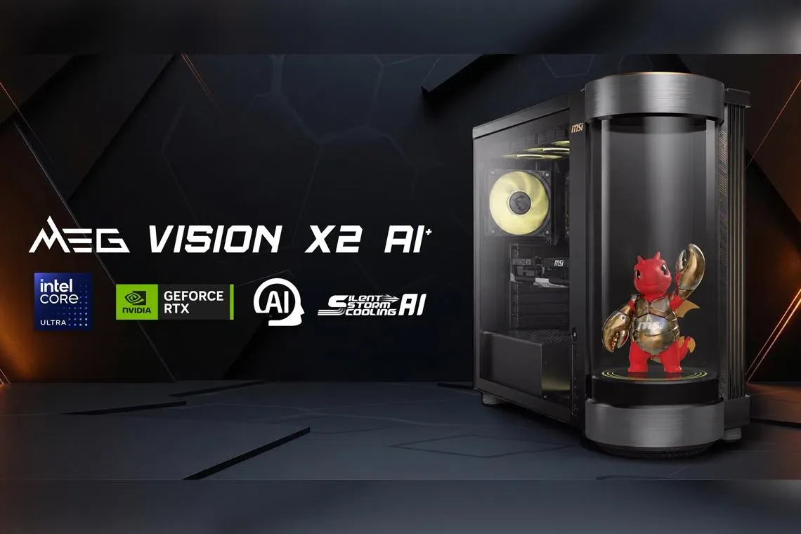 The MSI MEG Vision X2 AI+ desktop gaming system projects a virtual companion onto a cylindrical display.