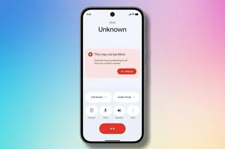 An Android device displays a real-time warning for a suspected AI voice spoofed call.
