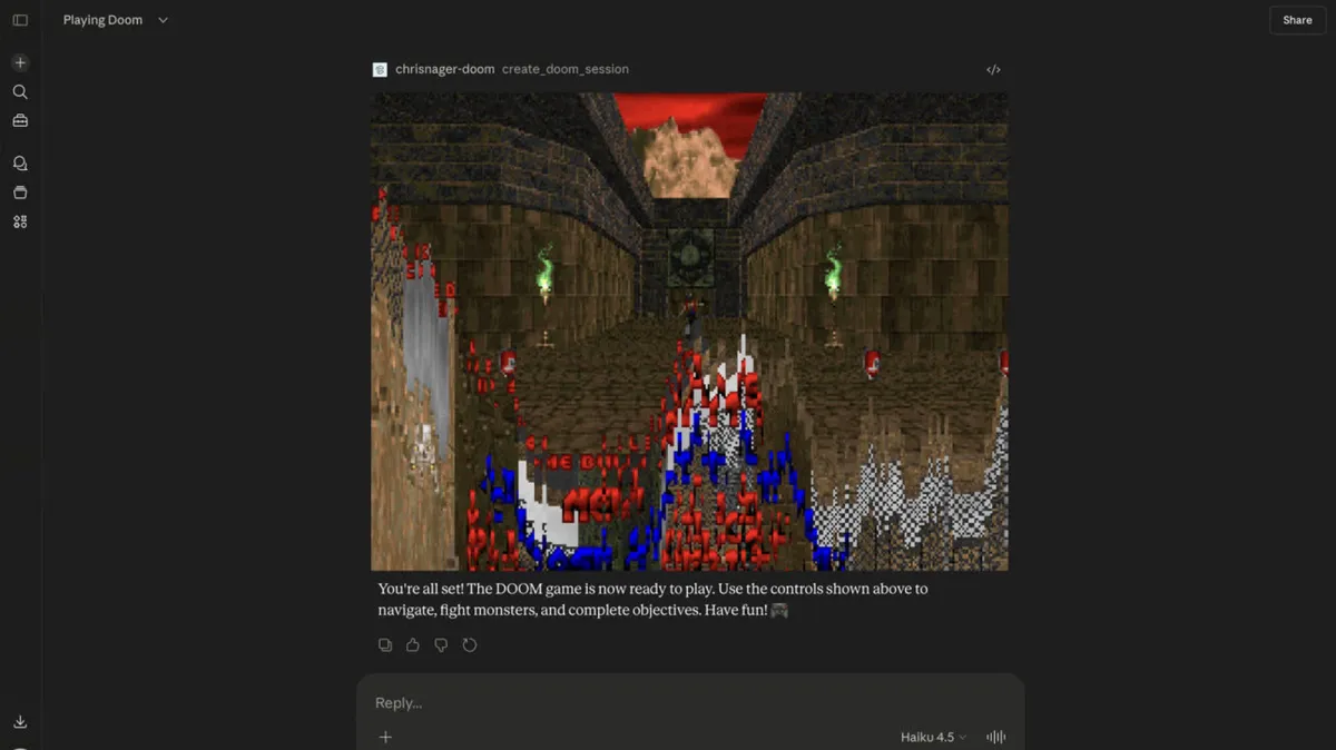 A computer screen showing an AI chatbot interface successfully running the Doom video game.