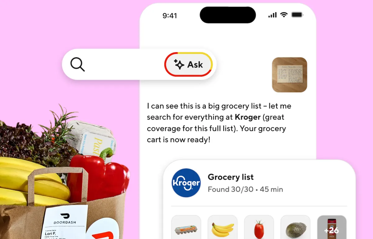 A smartphone displays DoorDash conversational ordering interface with natural language prompts replacing traditional menus.