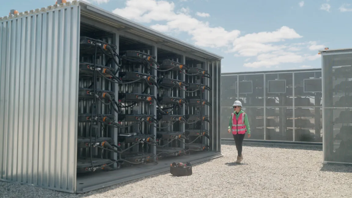 Repurposed Waymo robotaxi battery packs are installed in stationary grid energy storage systems.