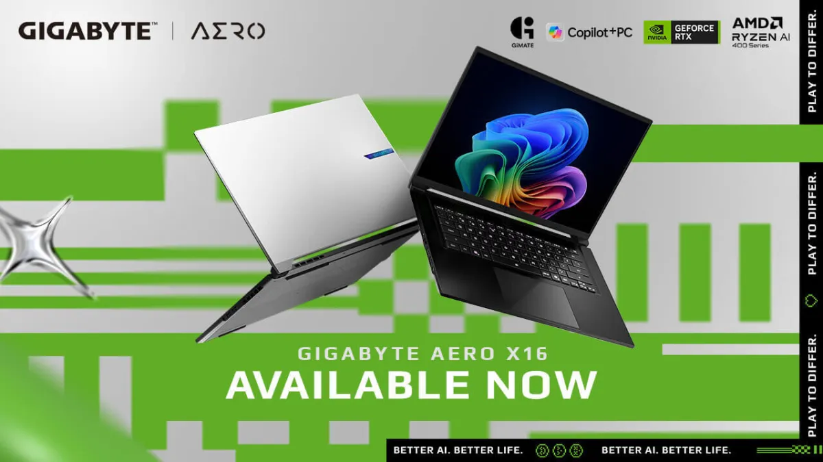 The Gigabyte AERO X16 laptop is shown open, and its slim chassis, keyboard, and trackpad are visible.