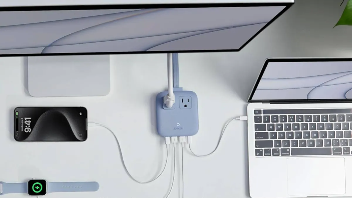 This compact travel power strip features two USB-C ports, two USB-A ports, and two AC outlets with a flat plug.