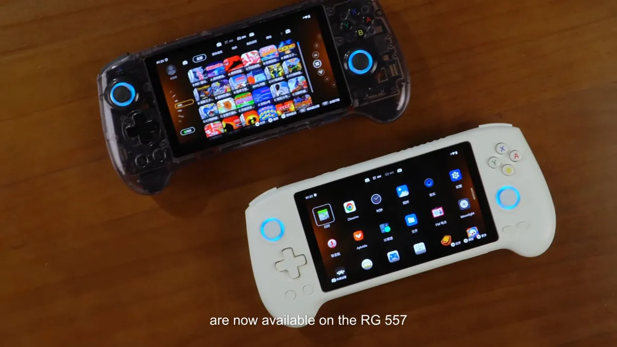Anbernic RG557 handheld console showing the new dual-dial frontend interface from the V1.28 system update.