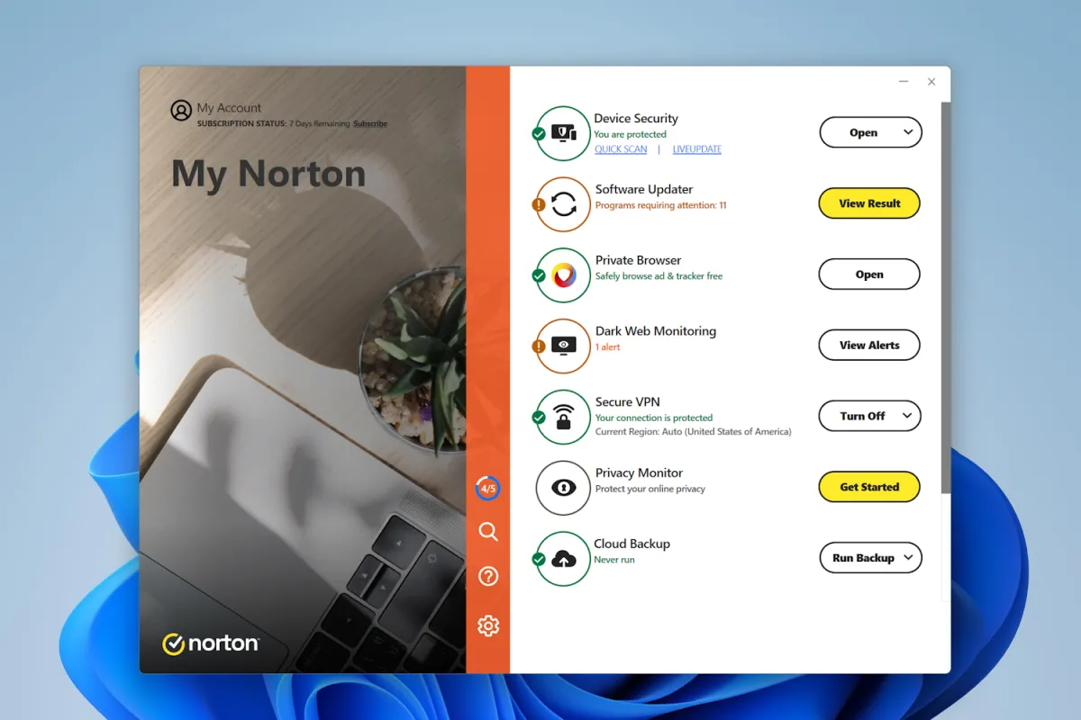 Dashboard showing a security suite that combines antivirus, VPN, password manager, and backup capabilities.