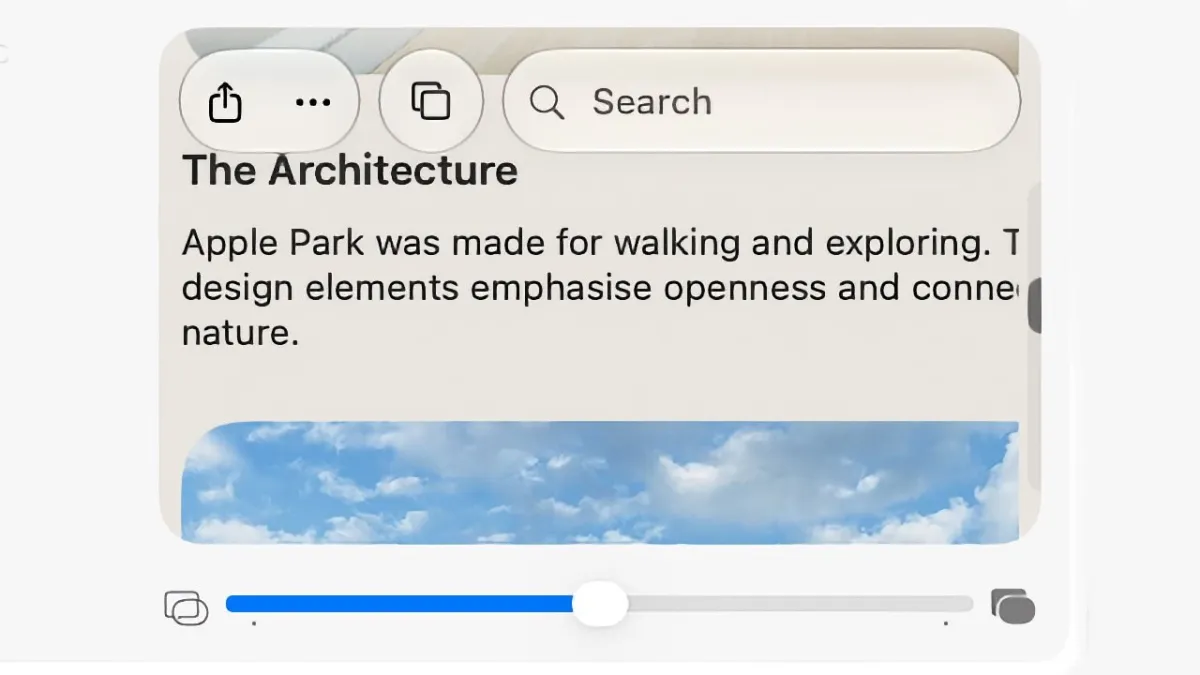 The interface screenshot displays the new transparency slider and standardized window corners in the latest Apple update.