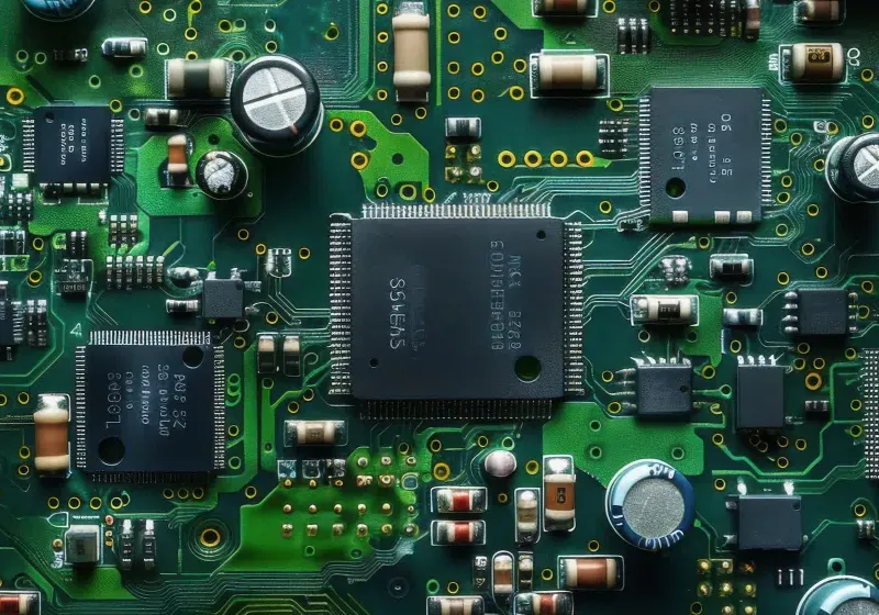 A detailed close-up of a printed circuit board displays copper traces and mounted electronic components.
